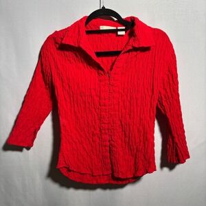 Andrew & Co Bright Red Hook & Eye Polo‎ Top Ruffled Textured Y2K 3/4 Sleeve M